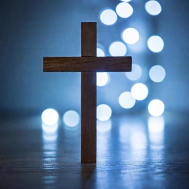 A high-resolution ultrarealistic image in a digital photography style. The primary subject is a blurry cross silhouette in the foreground, placed slightly off-center to the left. The background features an array of out-of-focus circular bokeh lights clipart