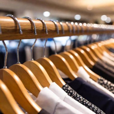 A high-resolution ultrarealistic image captures a close-up view of wooden hangers in a clothing store. Various garments in patterns such as black and white stripes, polka dots, and solid colors hang neatly. The focus highlights the textures and clipart