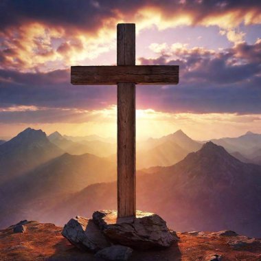 A high-resolution ultrarealistic image of a wooden cross atop a mountain peak at sunset. The digital artwork captures the cross in intricate detail, casting a shadow in the foreground of the rugged mountain silhouette. The sky is dramatically lit clipart