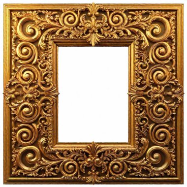 A high-resolution digital artwork depicting an ornate, rectangular, golden picture frame. The frame showcases intricate Baroque-style embellishments with lavish floral and acanthus leaf patterns, giving it a sense of opulence and grandeur. The gold clipart