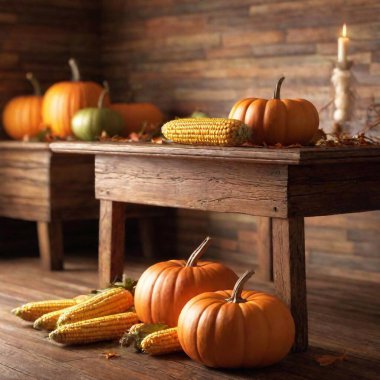 A high-resolution ultrarealistic image capturing a cozy autumn scene. This digital artwork showcases a rustic wooden table adorned with an assortment of pumpkins and gourds of various sizes and colors, from vibrant orange to green and yellow. Dried clipart