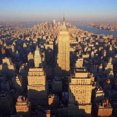 A high-resolution ultrarealistic image capturing an iconic cityscape from a high vantage point. The photograph prominently features the Empire State Building at the center, surrounded by numerous skyscrapers of varied architectural styles stretching clipart