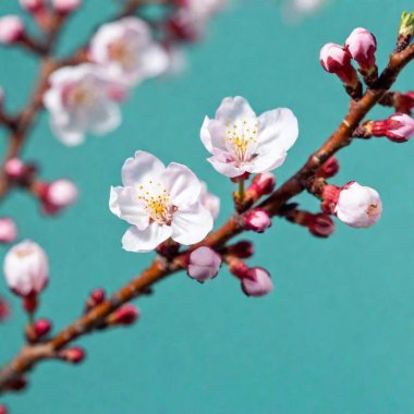 A high-resolution ultrarealistic image of cherry blossom flowers in full bloom, captured in vibrant digital photography. The scene showcases delicate white petals with subtle pink hues, radiating a soft and ethereal beauty. The background is a clipart