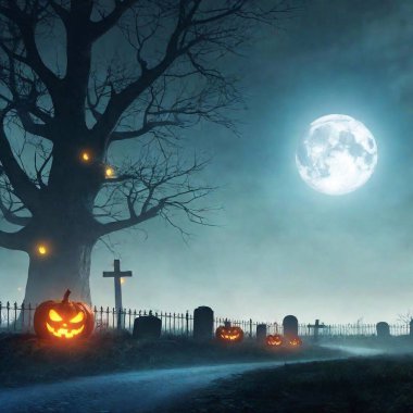 A high-resolution digital artwork illustrating a haunted night scene. The foreground features a menacing carved pumpkin with a glowing, spooky face, situated beside a large tree trunk. Various candles are placed around the tree, casting an eerie clipart