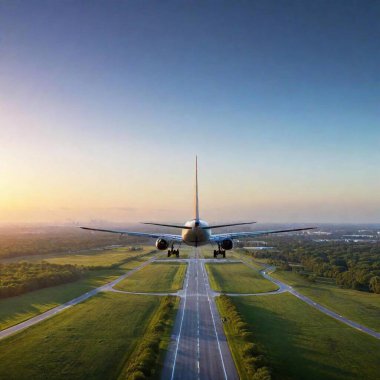 A high-resolution ultrarealistic image captures a wide-body commercial airplane as it approaches for landing on a well-illuminated runway during twilight. Photographic art style highlights the intricate details of the aircraft's structure, from the clipart