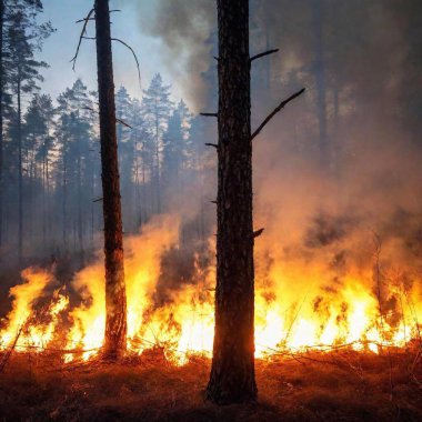 A high-resolution ultrarealistic image of a forest fire. The digital photograph captures the intense flames consuming the underbrush and lower branches. Tall, narrow trees devoid of leaves create a skeletal outline against the backdrop. The fire clipart