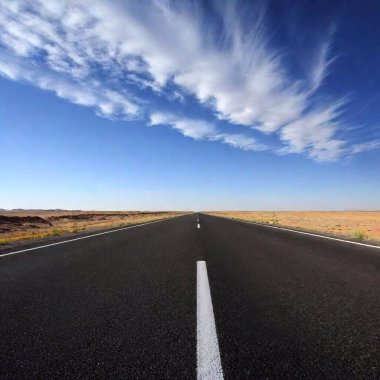 A high-resolution ultrarealistic image captured from a low-angle perspective on an expansive highway. The scene exhibits expert photographic techniques, leading the viewer's eye towards a dense, distant metropolitan skyline cloaked in a slight haze clipart