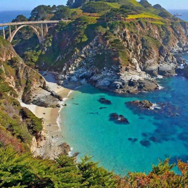 A high-resolution ultrarealistic image captures the stunning coastal cliffs of Big Sur, California. This digital photograph showcases rugged cliffs covered in greenery plunging into the vibrant, churning turquoise waters of the Pacific Ocean. A clipart