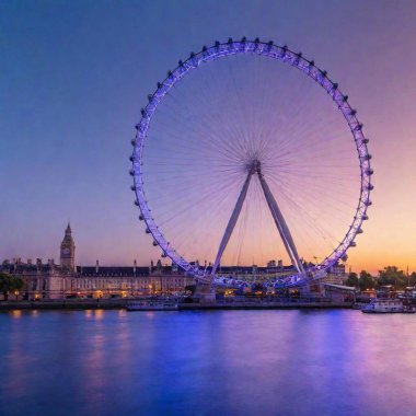 A high-resolution ultrarealistic image capturing the vibrant night scene of the London Eye alongside the illuminated County Hall. The image exhibits digital art style with meticulous details. The colossal Ferris wheel glows with a radiant blue hue clipart