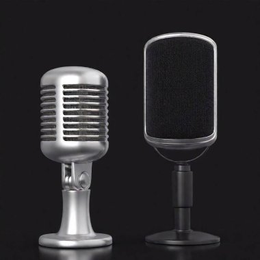 A high-resolution ultrarealistic image of a classic vintage microphone rendered in high-detail 3D model style. The microphone features a polished chrome finish with a ribbed grille that exudes a retro aesthetic, placed against a stark black clipart