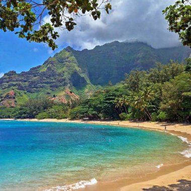 A high-resolution ultrarealistic image, this digital photograph showcases the captivating Na Pali Coast on Kauai, Hawaii. The coastal cliffs are lush with verdant green vegetation, contrasting with the deep blue of the Pacific Ocean below. The clipart