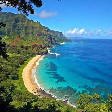 A high-resolution ultrarealistic image, this digital photograph showcases the captivating Na Pali Coast on Kauai, Hawaii. The coastal cliffs are lush with verdant green vegetation, contrasting with the deep blue of the Pacific Ocean below. The clipart