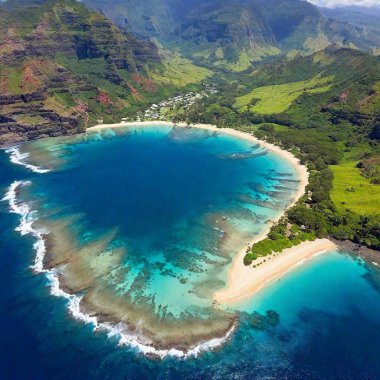 A high-resolution ultrarealistic image, this digital photograph showcases the captivating Na Pali Coast on Kauai, Hawaii. The coastal cliffs are lush with verdant green vegetation, contrasting with the deep blue of the Pacific Ocean below. The clipart