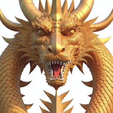 A high-resolution digital artwork features a highly detailed, golden dragon. The dragon's elongated body twists and curves gracefully, displaying intricate scales and a fierce expression with sharp teeth and detailed horns. The piece captures the clipart