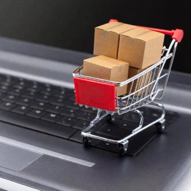 A high-resolution ultrarealistic image, a digital photo art, depicting a miniature shopping cart filled with small cardboard boxes placed on a laptop keyboard. The scene captures the essence of online shopping. The shopping cart is silver with red clipart