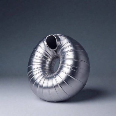 A high-resolution ultrarealistic image depicting a large, flexible ventilation duct. The duct, made of shiny aluminum foil, showcases visible folds and creases, providing a tactile texture. The front view reveals a dense accumulation of dark grey clipart