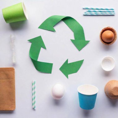 A high-resolution photo showcasing an array of recyclable materials neatly arranged at the bottom. The image features a prominent green recycling symbol against a white background at the center. Items include blue disposable cups, a grey egg carton clipart