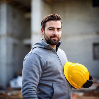 A high-resolution ultrarealistic image capturing a close-up scene with sharp clarity. The focus is on a person wearing a grey, long-sleeved sweatshirt and industrial gloves, holding a bright yellow construction hard hat. The glove features a clipart