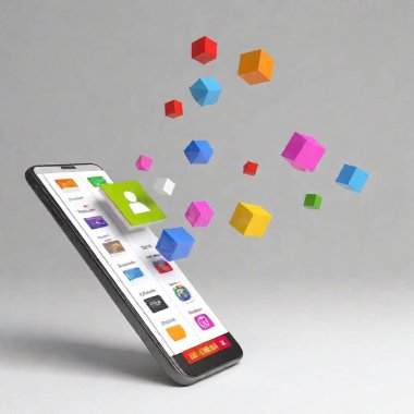 A high-resolution digital artwork showcasing a modern smartphone with a unique twist: the phone is unzipped from the side. Emerging from the unzip are various colorful 3D icons representing different mobile applications such as music, weather clipart