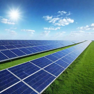 A high-resolution ultrarealistic image capturing a sprawling solar farm set against a vibrant blue sky with scattered, fluffy white clouds. The image, photographed with stunning clarity, showcases rows of shiny, blue solar panels extending to the clipart