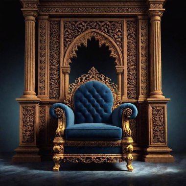 A high-resolution ultrarealistic image of a gothic-style medieval throne against a dark, textured backdrop. The digital artwork showcases an intricately carved throne with a pointed arch backrest, detailed with ornate scrollwork and studded elements clipart