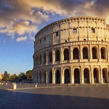 A high-resolution ultrarealistic image of the ancient Roman Colosseum captured in stunning detail. This digital photograph showcases the colossal structure in warm, golden light as the sun sets behind it, illuminating its arches and casting long clipart