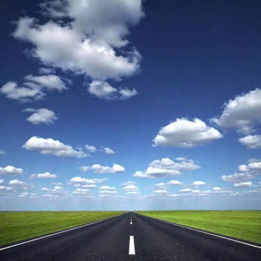 A high-resolution ultrarealistic image capturing a seemingly endless road stretching into the horizon, with a single white centerline guiding the way. This digitally rendered scene showcases an asphalt road flanked by lush green grass on either side clipart