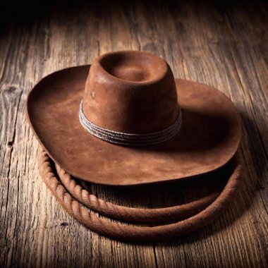 A high-resolution ultrarealistic image captures a rustic Western scene. This digital photograph features a weathered cowboy hat made of brown suede placed on a coiled lasso rope, conveying a rugged and adventurous aesthetic. Alongside these, a rusty clipart