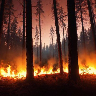 A high-resolution ultrarealistic image capturing a massive forest fire at night. This digital artwork vividly depicts towering flames engulfing dense trees, casting an ominous orange glow across the scene. The intense heat is palpable, with embers clipart