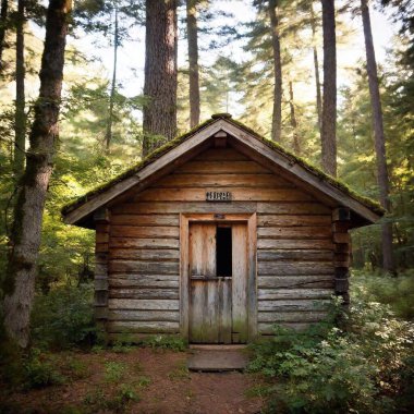 A high-resolution ultrarealistic photo captures a rustic, weathered log cabin enclosed in a dense forest. The wooden structure is covered with creeping ivy and its windows and door are securely boarded up, suggesting abandonment. Bright sunlight clipart