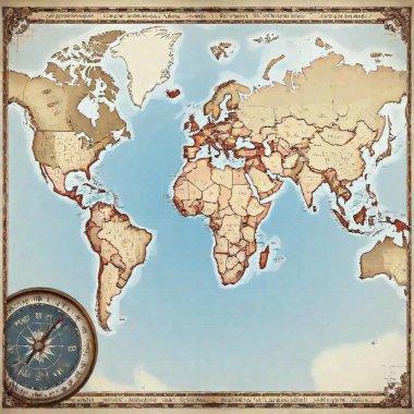 A high-resolution digital artwork depicting an intricately detailed antique world map. The map showcases the continents with precise topographical details, including mountains, rivers, and oceans, rendered in soft earthy tones of browns, greens, and clipart