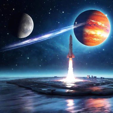 A high-resolution ultrarealistic image depicting a futuristic space exploration scene. The digital artwork showcases a sleek rocket taking off from a technologically advanced launch pad, with white smoke billowing around its base. On the right side clipart