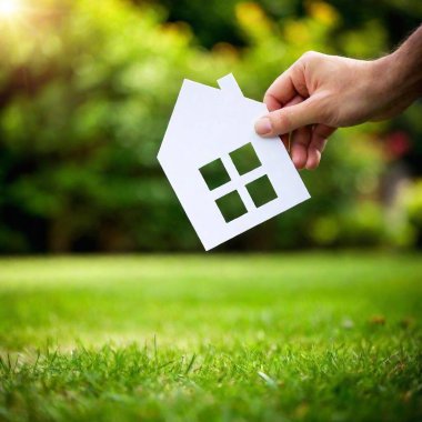 A high-resolution photo depicts a close-up scene where a hand places a white paper cutout of a house on vibrant, well-manicured green grass. The background transitions into a softly focused, lush green landscape, emphasizing the fresh, outdoor clipart