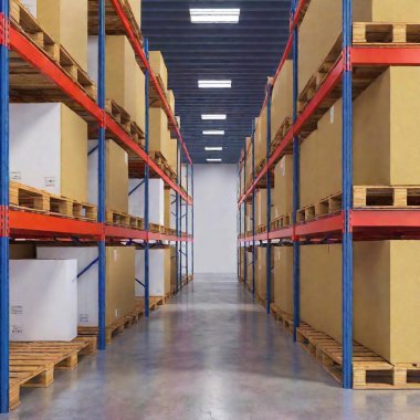 A high-resolution ultrarealistic image depicting a meticulously organized warehouse interior. The digital artwork features tall, blue metal shelving units adorned with cardboard boxes, neatly stacked on red pallets. The warehouse is well-lit with clipart