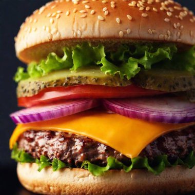 A high-resolution ultrarealistic image of a classic cheeseburger, meticulously detailed. This digital artwork captures a sesame seed bun glistening under studio lighting, with crisp layers of fresh green lettuce, a juicy tomato slice, vibrant red clipart