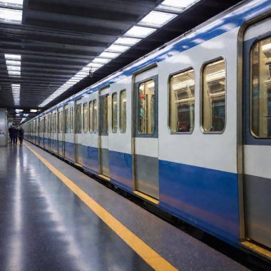 A high-resolution ultrarealistic image capturing a bustling metro station in the evening. The digital artwork features a sleek, blue modern train on the right with doors open, allowing blurred figures of commuters to enter and exit. The station's clipart