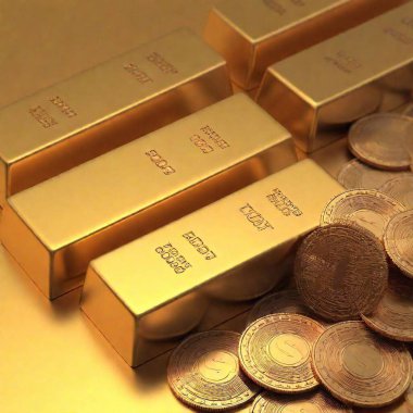 A high-resolution ultrarealistic image depicting neatly arranged gold bars and gold coins on a vibrant shiny golden surface. The gold bars, each marked 