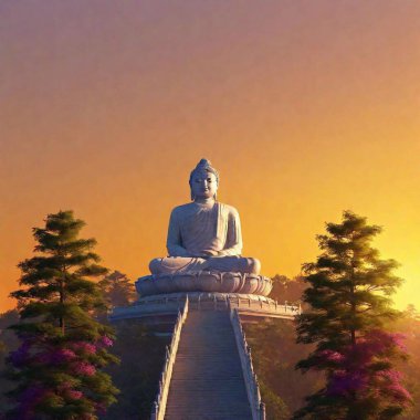 A high-resolution ultrarealistic image captures a grand Buddha statue situated atop a mountainous temple at sunrise. The digital artwork showcases the serene statue in a seated meditation posture, intricately detailed, with the temple's ornate clipart