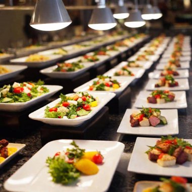 A high-resolution ultrarealistic image of a vibrant buffet showcase on a granite countertop. The image is a high-quality photograph capturing a diverse array of colorful dishes presented in white ceramic containers. The buffet layout includes a clipart