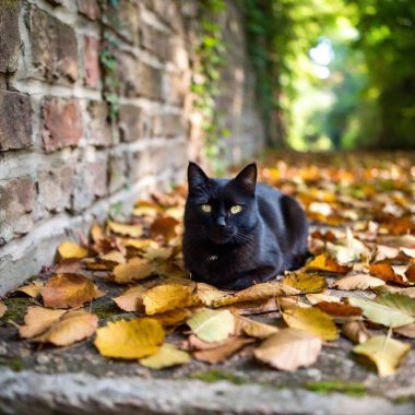 full-frame view of a black cat nestled in a cozy, leaf-strewn nook of the forest, surrounded by a mosaic of fallen leaves and soft, dappled sunlight clipart