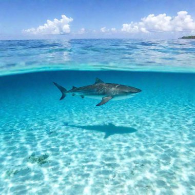 Extreme long shot of a solitary shark in the distance, swimming through a vast blue expanse, with shallow focuson the shark to create an isolated feeling clipart