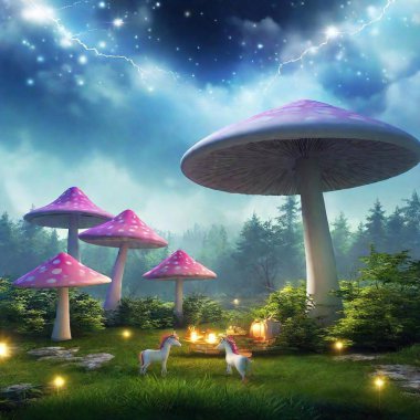 A group of tiny cartoon unicorns having a tea party in a magical forest with oversized mushrooms and twinkling lights clipart