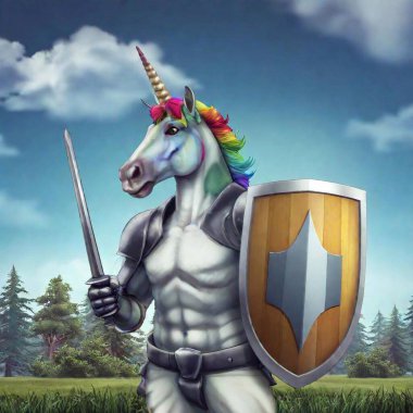 A brave cartoon unicorn knight wearing armor, standing proudly with a sword and shield in a fairytale kingdom clipart