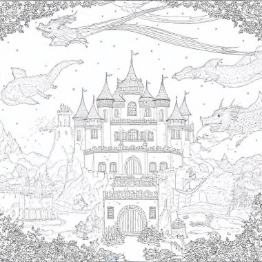 A coloring page of a magical cartoon castle on a hill, surrounded by dragons, knights, and fairies, perfect for coloring intricate details clipart