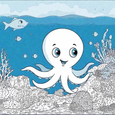 A coloring page of a cartoon underwater scene with a smiling octopus, fish, and coral reefs, with plenty of room for imaginative coloring clipart