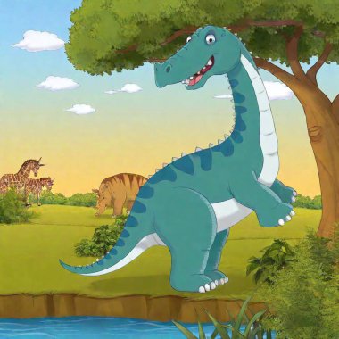 A cartoon Brachiosaurus stretching its neck to eat from a tree, while smiling and interacting with other animals clipart