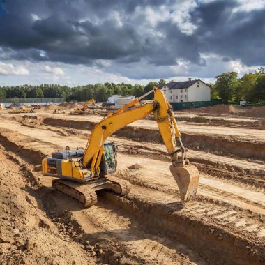 A detailed photo of a construction worker operating a large excavator, digging the foundation for a new building clipart