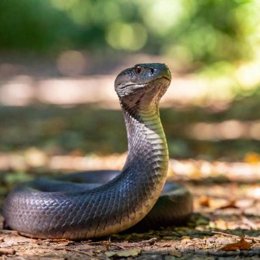 detailed shot of a snake head, with its eyes locked on the viewer and its tongue extended, as the surrounding forest floor fades into the background, creating a sense of focus and intensity clipart