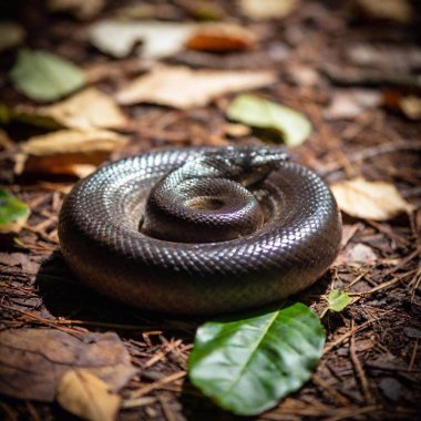 snake curled up in a defensive posture on the forest floor, its body coiled tightly with scales reflecting the light, as the leaf-covered ground in the background fades into a natural blur clipart