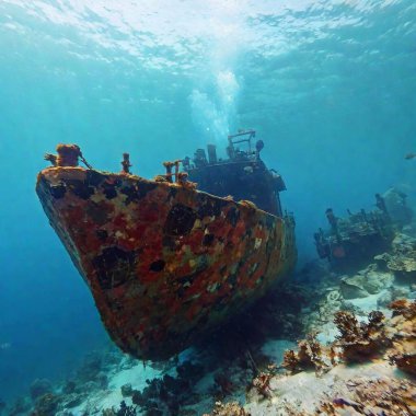 A full shot of a sunken shipwreck surrounded by marine life, with rack focus moving from the details of the shipwreck and nearby fish to the distant, blurred sea floor and other underwater structures clipart